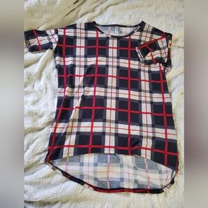 Lularoe Irma Tunic Size Small Plaid Pattern Red, Black and Beige